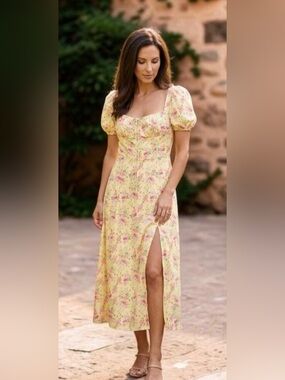 Rosie Posie Yellow Floral Puff Sleeve Midi Dress Medium NWT Cottagecore Slit